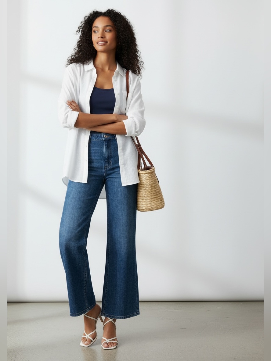 1352 White Rayon Linen Blend Woven Classic Button Down Shirt